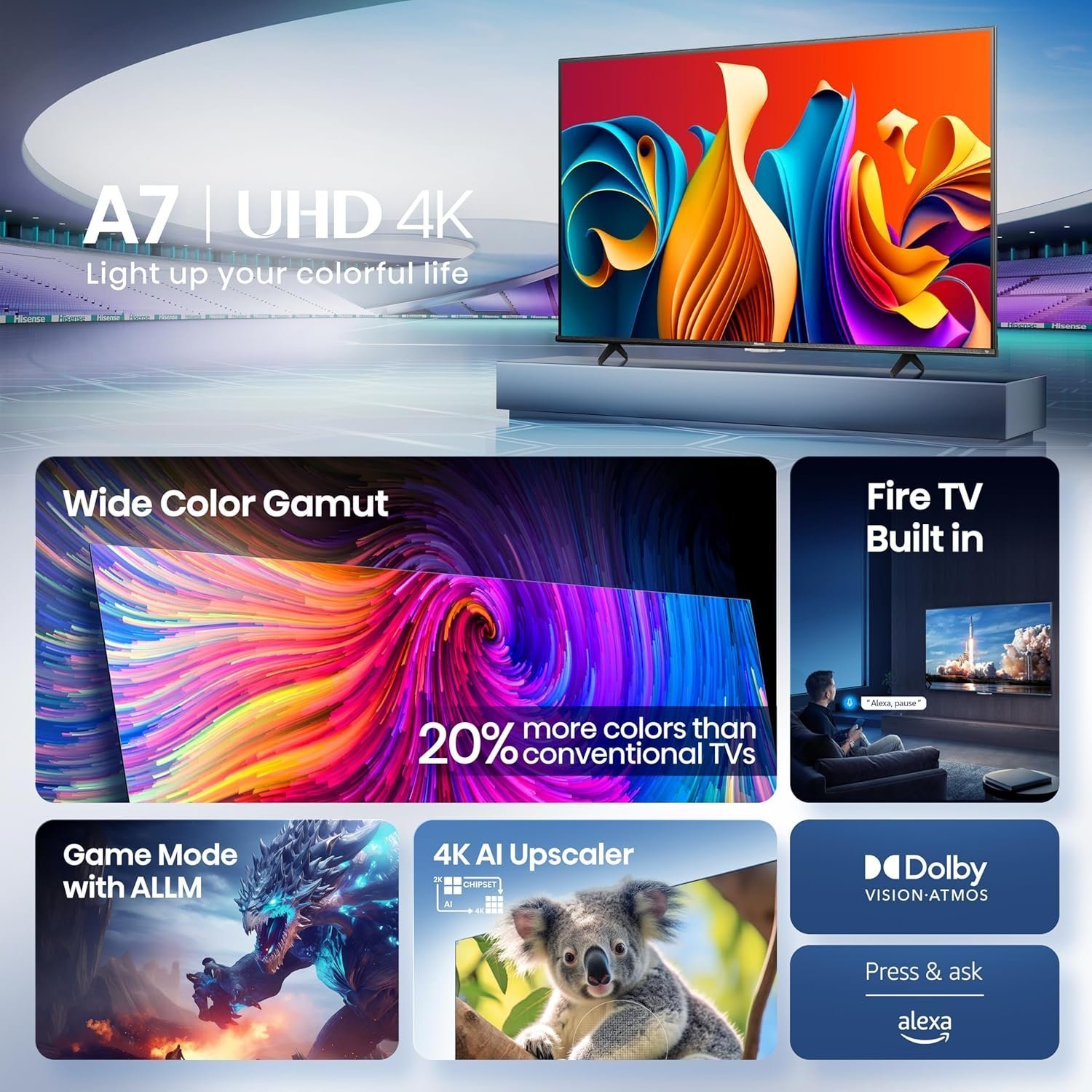 Hisense | 43" Class A7 Series 4K UHD Smart Fire TV (43A7NF) - Wide Color Gamut, HDR10+, Dolby Vision, Dolby Atmos, AI Sports Mode, Game Mode, ALLM, Alexa Built in with Voice Remote, Streaming TV, Black - Image 3