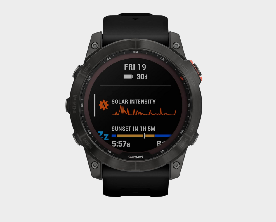 Garmin fenix 7X Solar, Larger sized adventure smartwatch, with Solar Charging Capabilities, rugged outdoor watch with GPS, touchscreen, health and wellness features, slate gray with black band